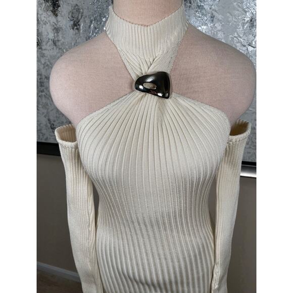 BAOBAB Yumiko Silver Embellished Long Sleeve Cutout Coconut Knit Maxi Dress Sz M - Picture 6 of 10